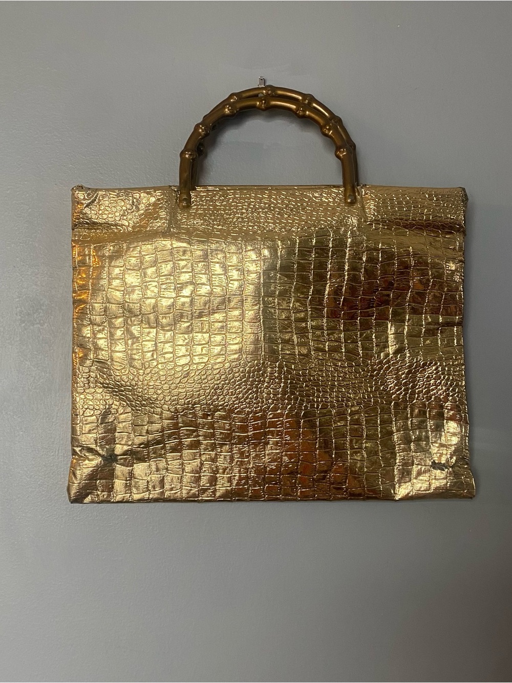 VTG 60’s Gold Croc-Texture Tote Bag with Bamboo Handle